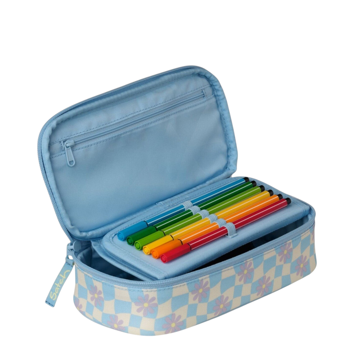 Lieblingstasche Satch pencil case in light blue with a checkered floral pattern and internal pen organizer