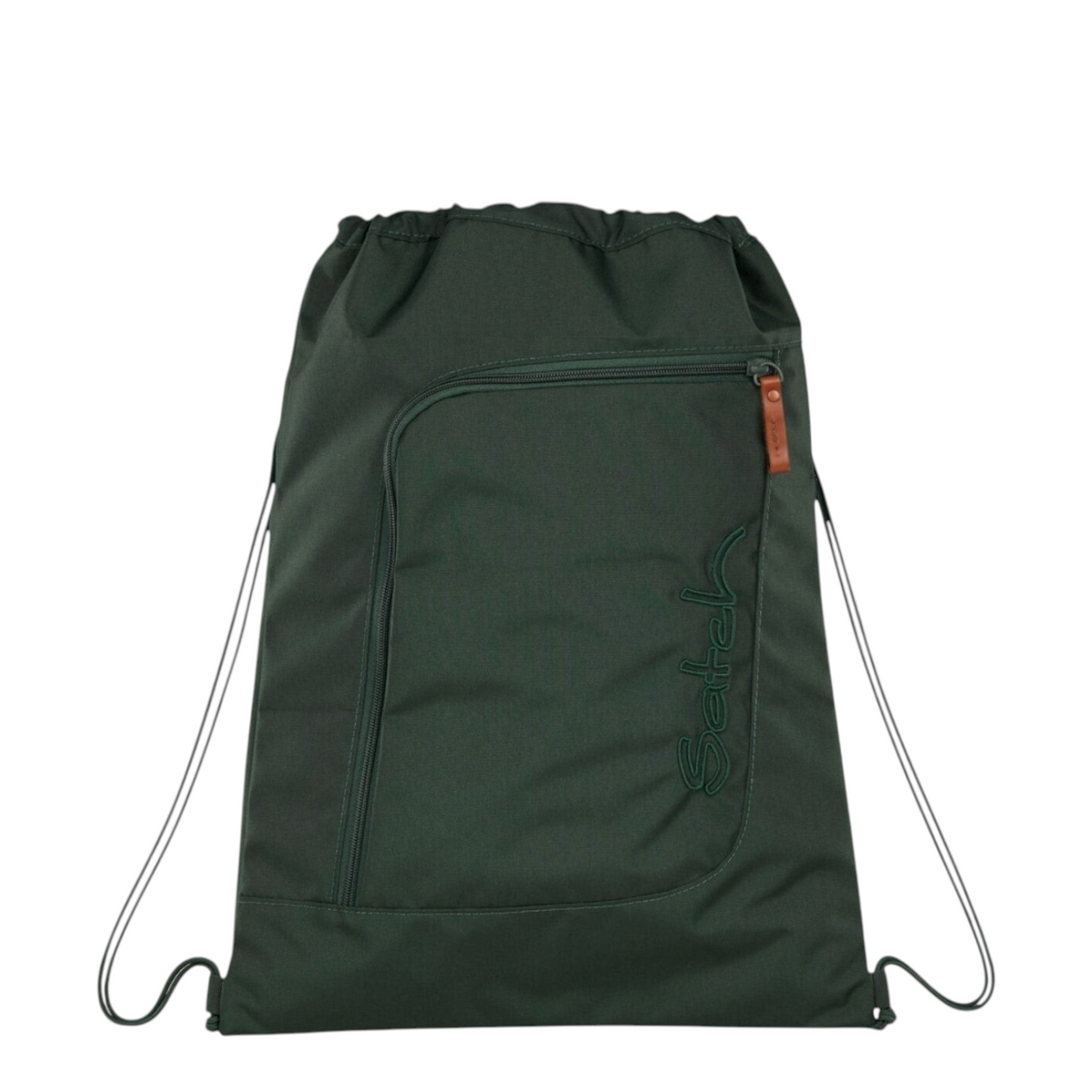 Lieblingstasche Satch drawstring sports bag in dark green with a front zip pocket and leather-look pull tab