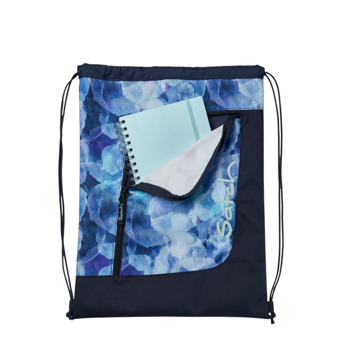 Lieblingstasche Satch drawstring sports bag in blue floral pattern with a front zipper pocket and notebook inside