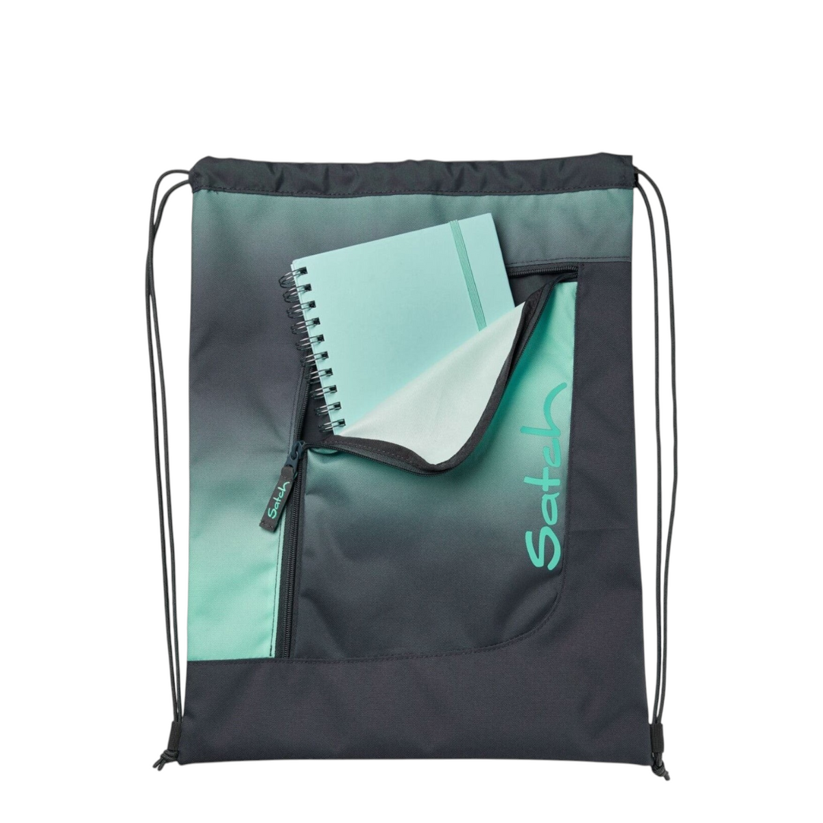 Lieblingstasche Satch drawstring sports bag in grey and mint green with a front zippered pocket and notebook