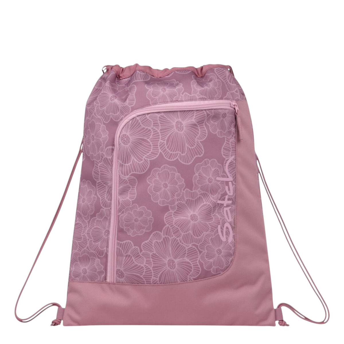 Lieblingstasche Satch drawstring sports bag in dusty pink with a white floral pattern and front zipper pocket