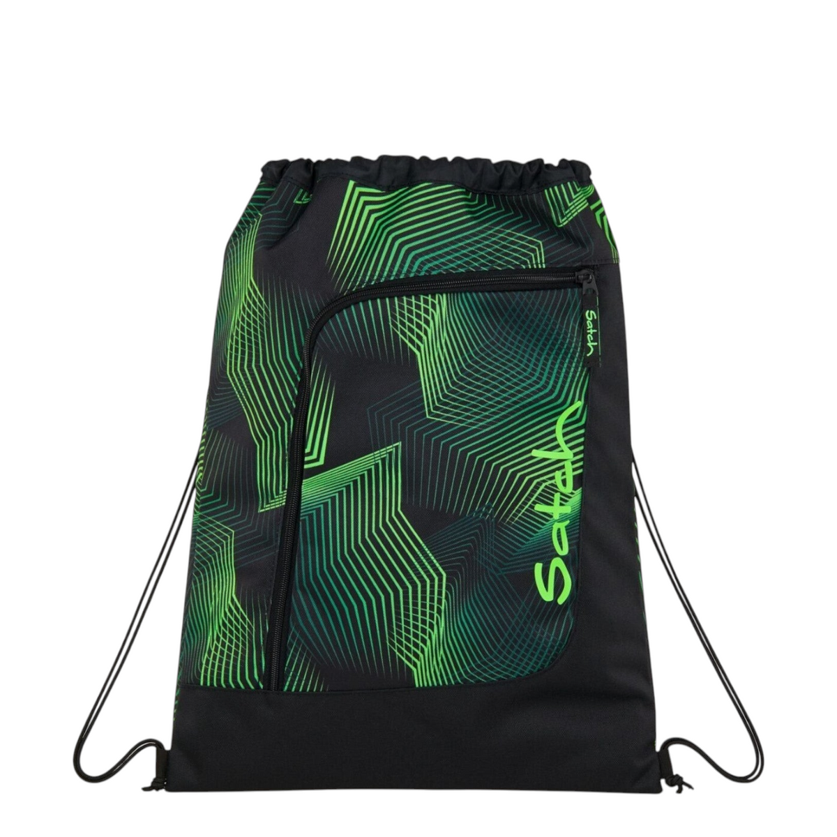 Lieblingstasche Satch drawstring sports bag in black with neon green geometric line pattern and front zip pocket