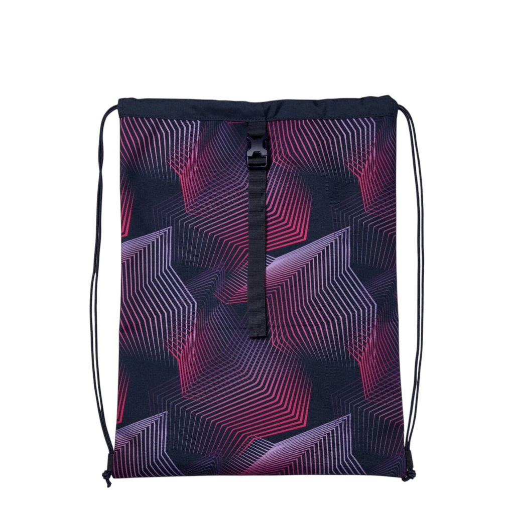 Lieblingstasche Satch drawstring sports bag in black with a geometric pink and purple line pattern