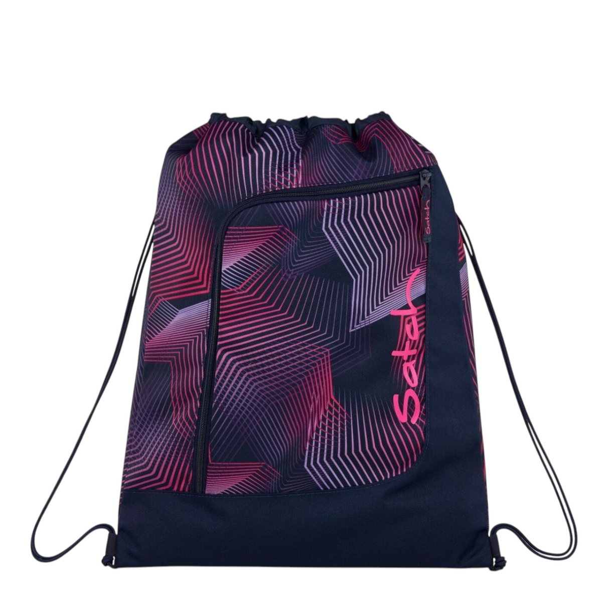 Lieblingstasche Satch drawstring sports bag in dark blue and pink with geometric star pattern and front zipper pocket