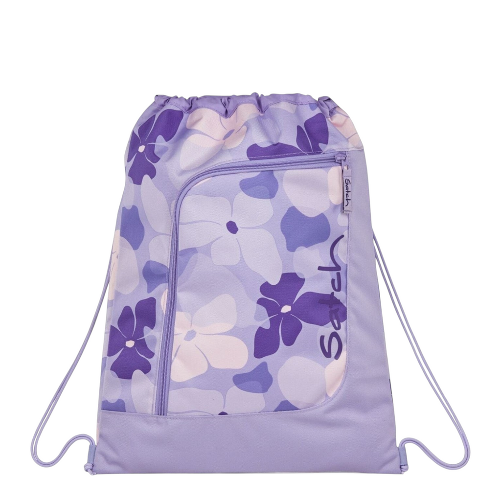 Lieblingstasche Satch drawstring sports bag in purple with a floral pattern and front zipper pocket