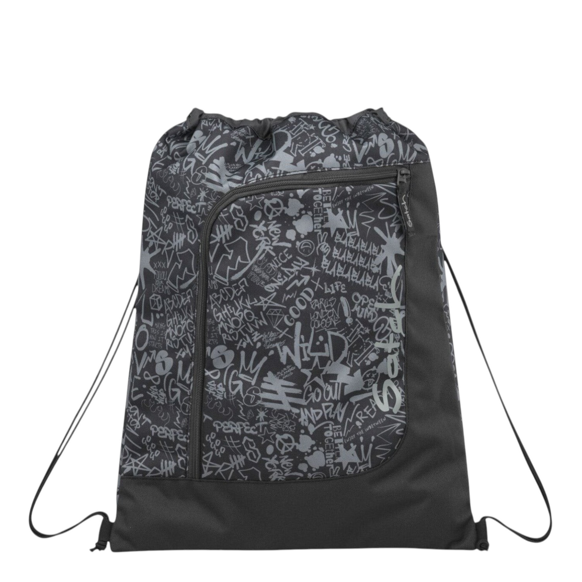 Lieblingstasche Satch drawstring sports bag in black with grey graffiti print and front zip pocket
