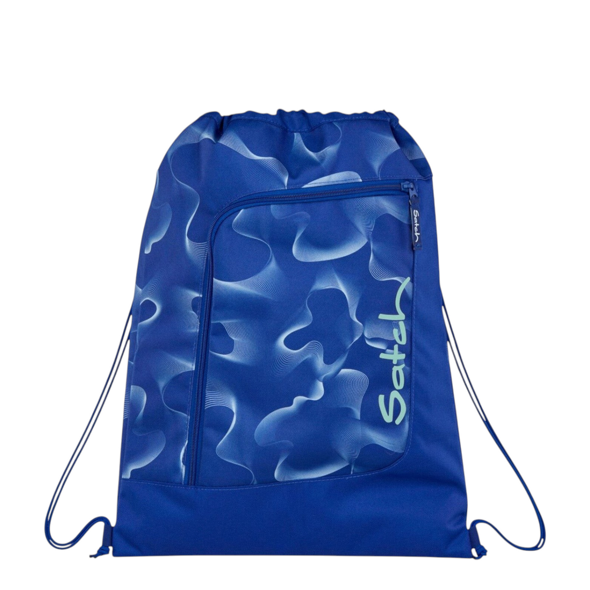 Lieblingstasche Satch drawstring sports bag in blue with white abstract wave pattern and front zipper pocket