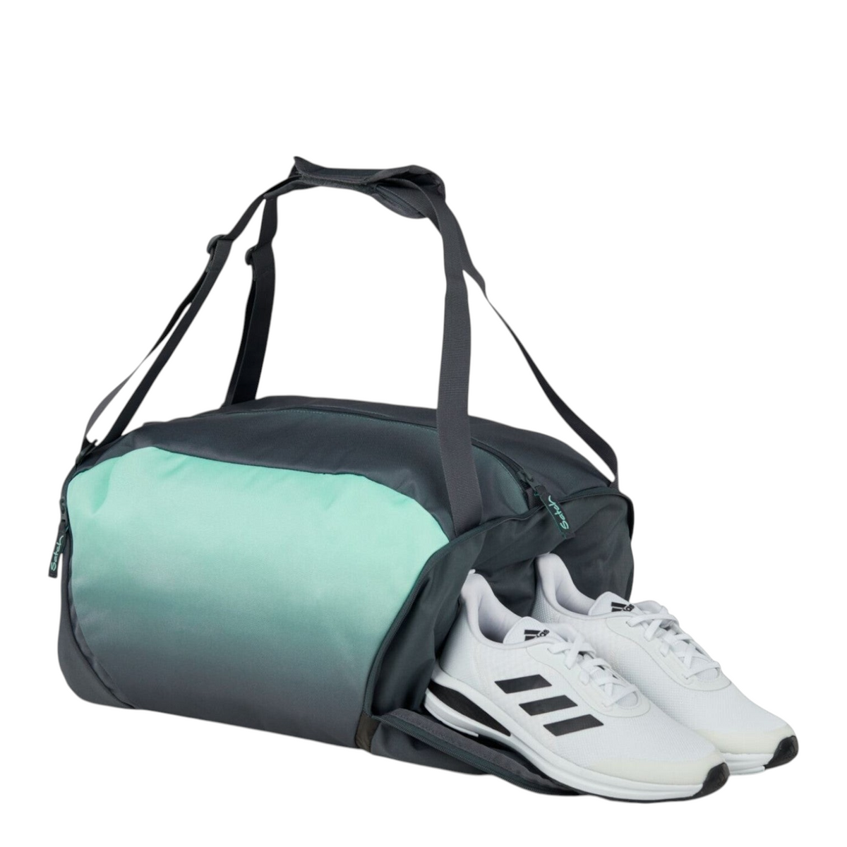 Lieblingstasche satch sport bag in grey and mint green with a separate shoe compartment containing white sneakers