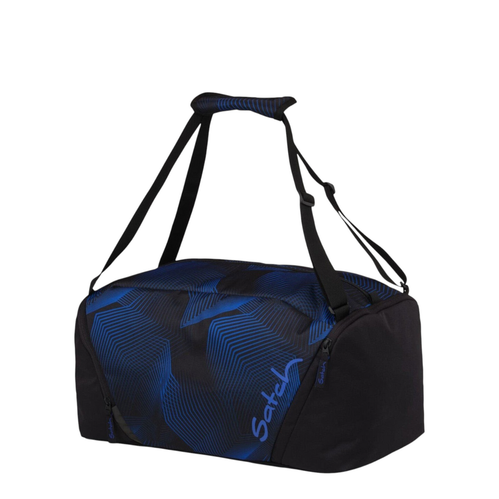 Lieblingstasche satch sports bag in black and blue with geometric pattern, featuring multiple carry options