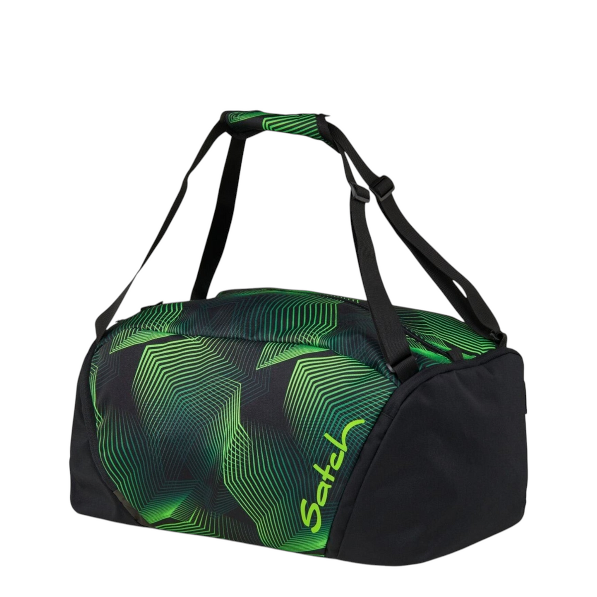 Lieblingstasche satch sports bag in black and green with geometric pattern, featuring multiple carrying options.