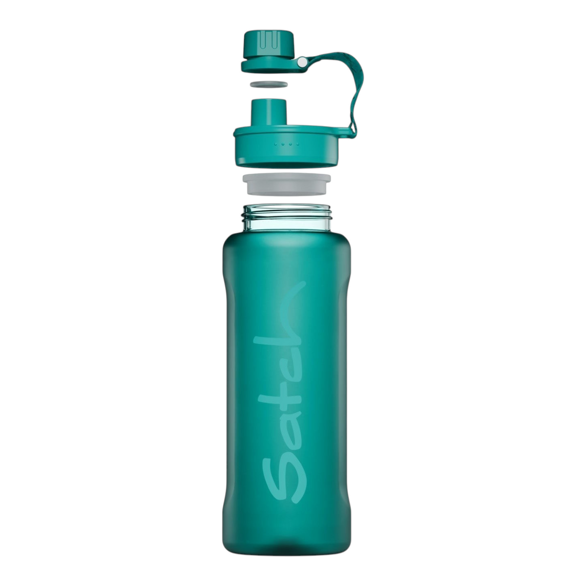 Lieblingstasche satch XL plastic water bottle in teal with a detachable leak-proof cap, shown in an exploded view.