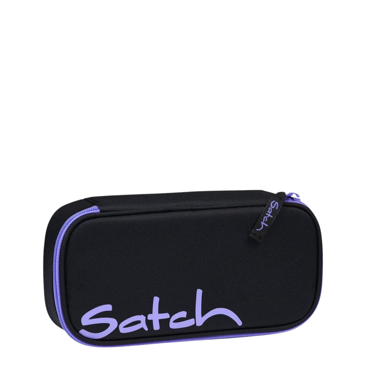 Lieblingstasche Satch pencil case in black with purple zipper and logo, made from recycled PET materials.