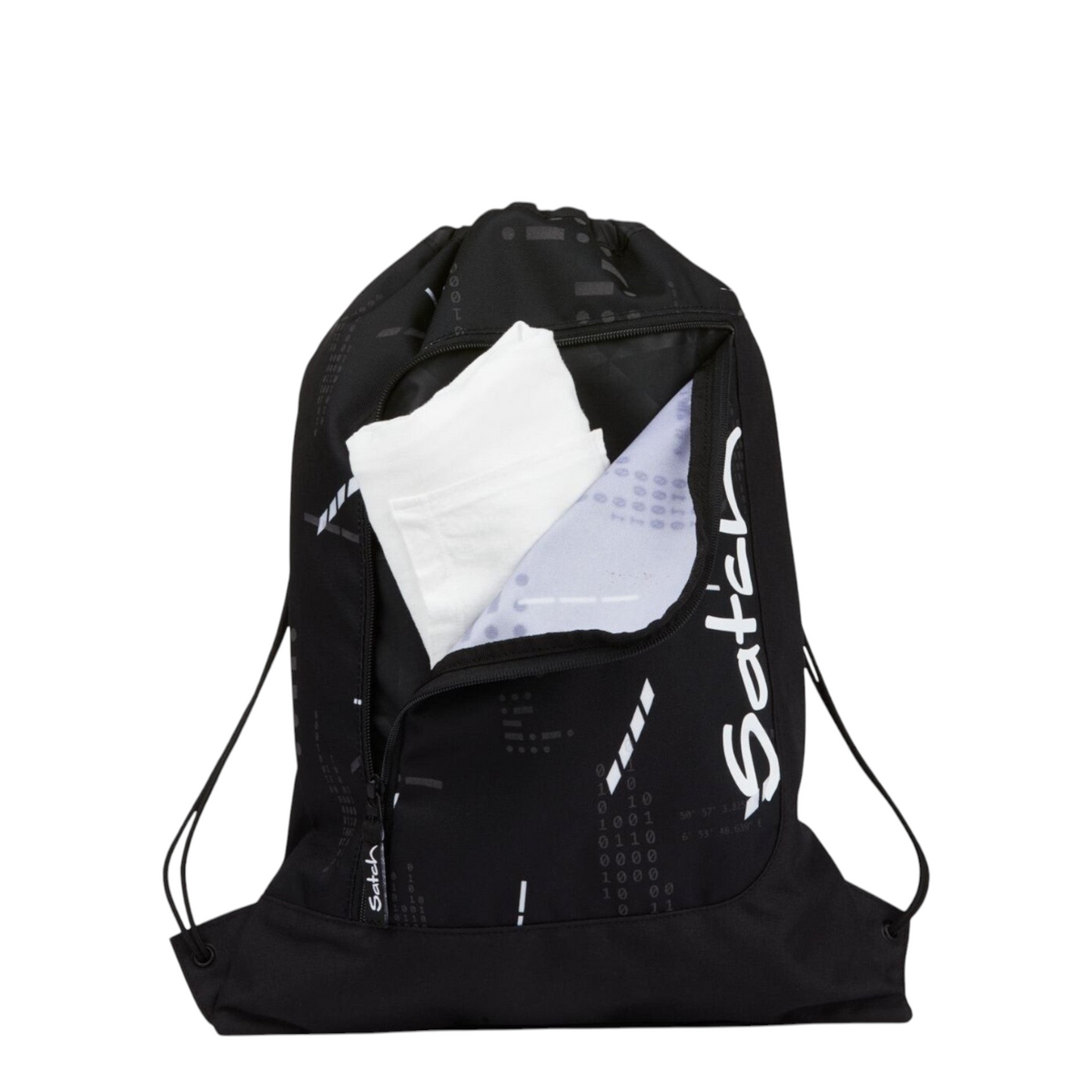 Lieblingstasche Satch black drawstring sports bag with reflective digital print and front zipper pocket